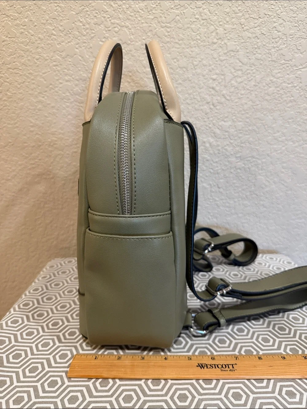 True Religion Olive Green Mini Backpack with Beige Top Handles